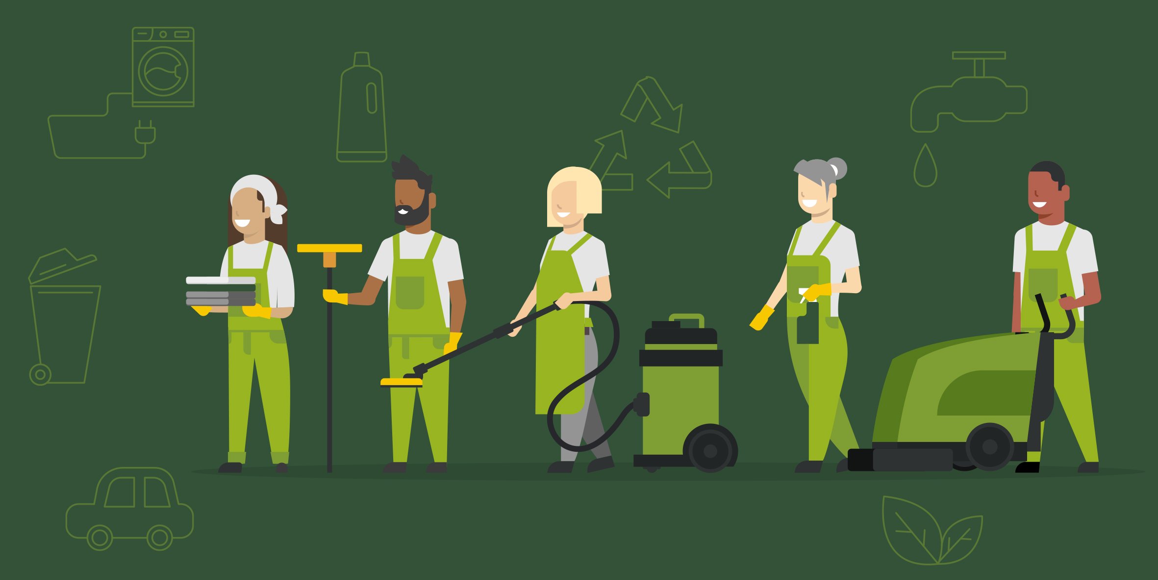 Professionelles Reinigungsteam im Einsatz: Fachkräfte in einheitlicher Arbeitskleidung arbeiten mit moderner Ausrüstung und umweltfreundlichen Methoden, um nachhaltige Reinigungsergebnisse und hohe Qualitätsstandards zu gewährleisten.
