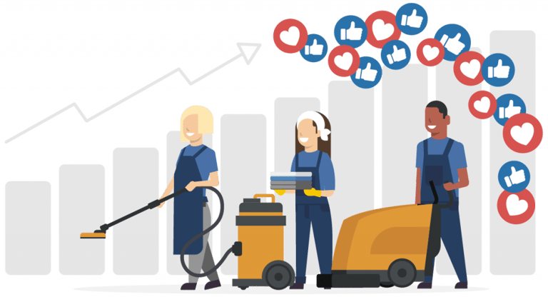 Drei Reinigungskräfte mit Maschinen vor einem wachsenden Säulendiagramm.