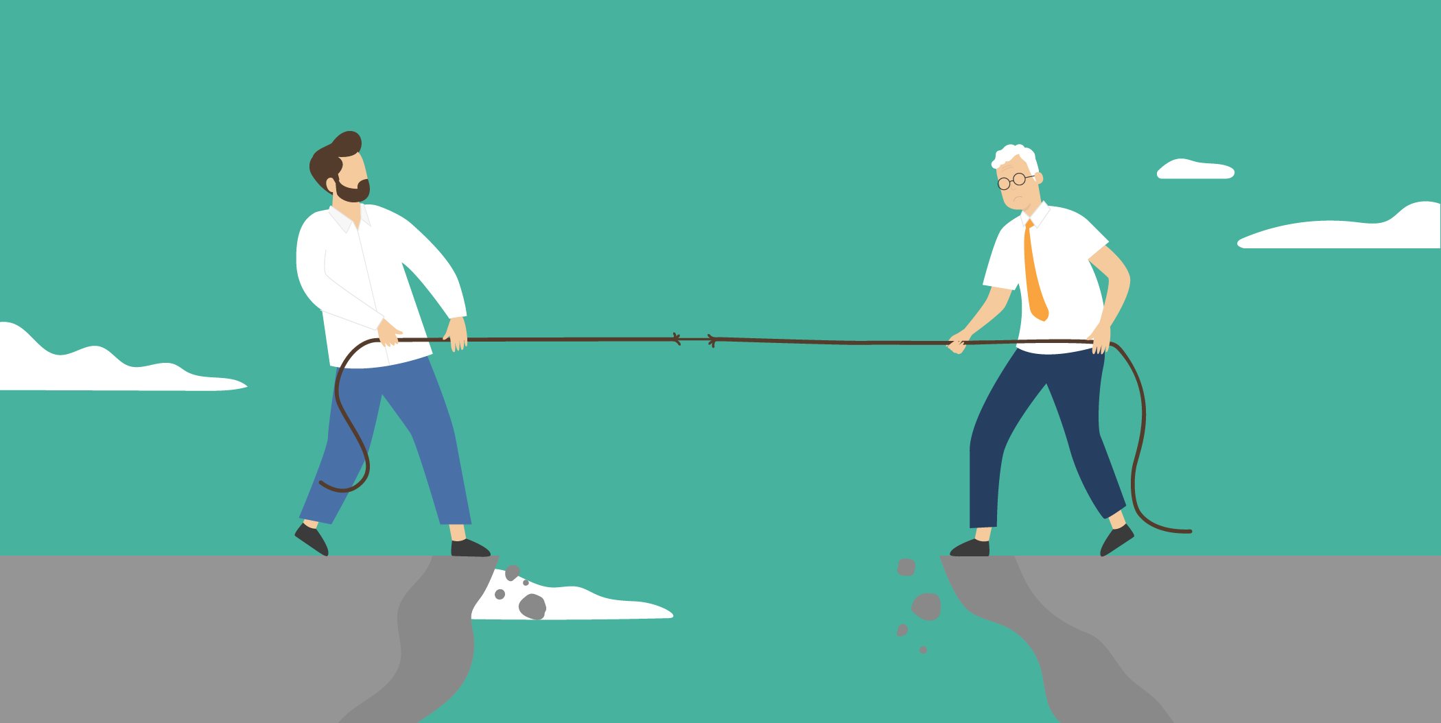 Zwei Männer (Vater und Sohn) im Tauziehen über einer Schlucht.