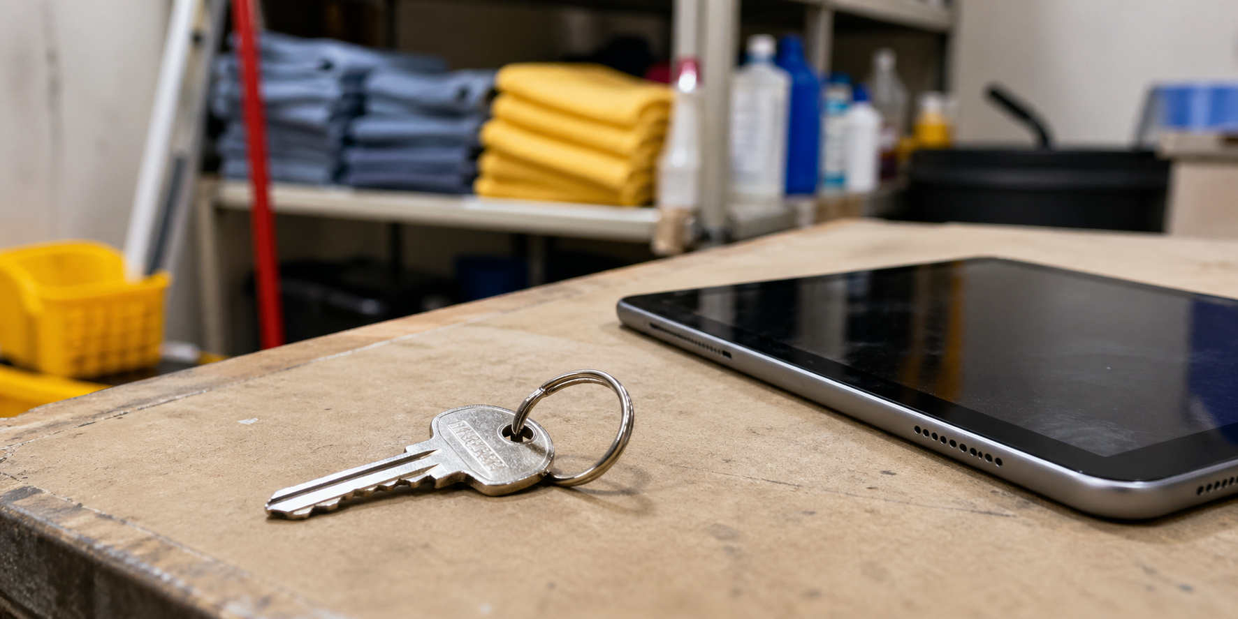 Schlüssel und Tablet auf einem Arbeitstisch in einem Reinigungsraum, im Hintergrund Reinigungsutensilien und Regale.