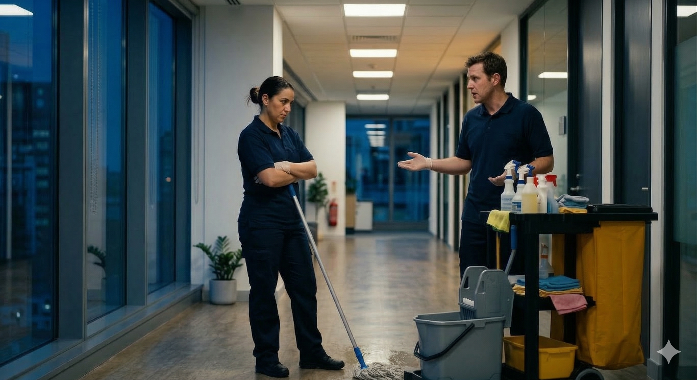 Zwei Reinigungskräfte diskutieren im Büroflur neben einem Reinigungswagen.