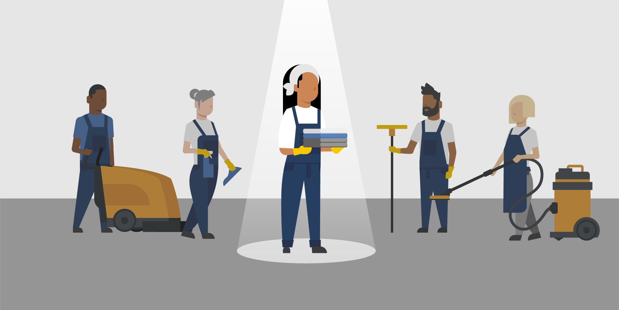 Reinigungspersonal, wobei eine Person in der Mitte im Rampenlicht steht – als Darstellung dafür, sich von der Konkurrenz abzuheben.