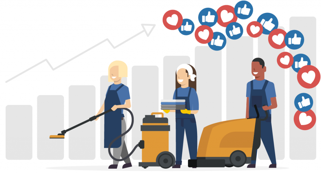 Drei Reinigungskräfte mit professionellem Gerät stehen vor einem Wachstumsgrafen. Um sie herum befinden sich Like- und Herzsymbole – ein Zeichen für Kundenzufriedenheit und Anerkennung. Illustration für Erfolg und Wertschätzung in der Reinigungsbranche.
