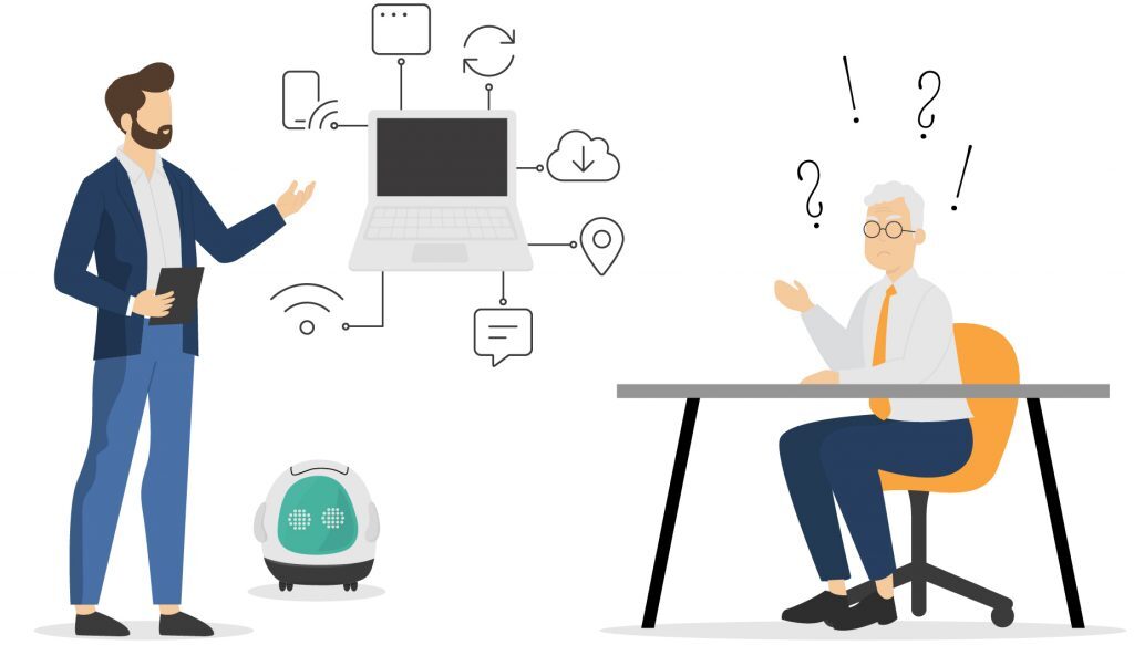 Junger Mann erklärt älterem Mann digitale Technik, der ältere wirkt skeptisch.