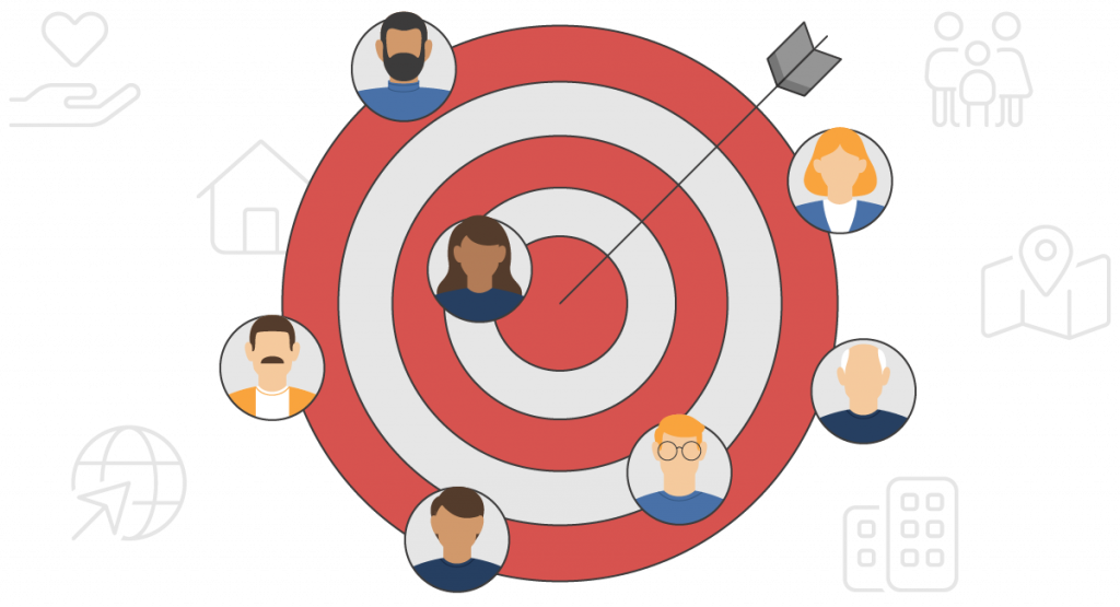 Zielscheibe mit sieben Personen-Icons. Eine Pfeilspitze trifft genau die zentrale Figur – symbolisiert präzise Zielgruppenansprache und effektives Targeting im Marketing.