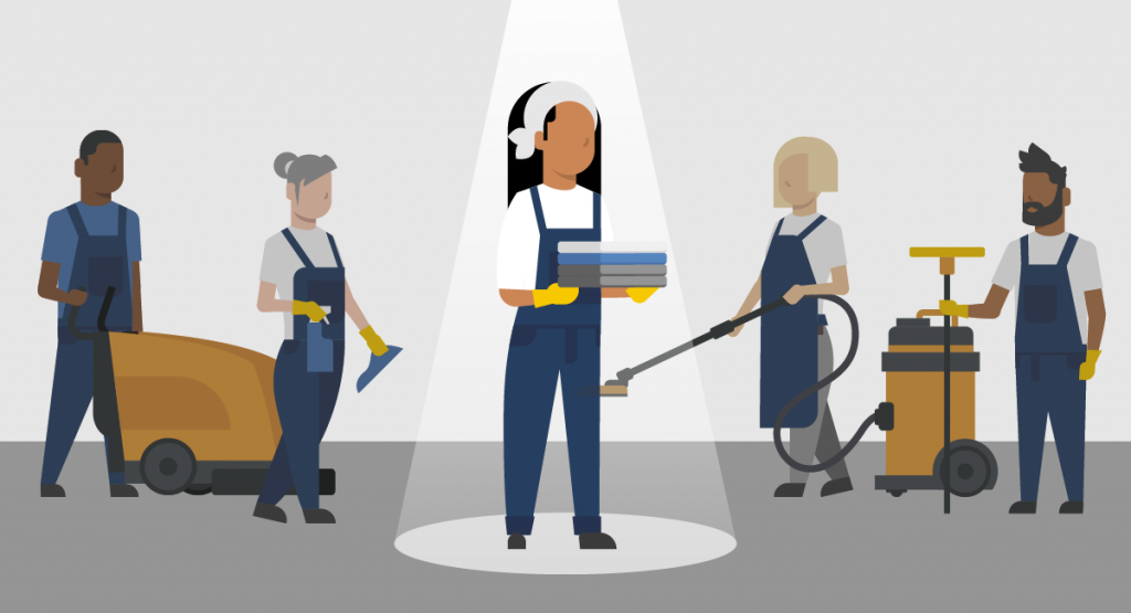Fünf Reinigungskräfte in Arbeitskleidung mit verschiedenen Reinigungsgeräten. Eine zentrale Person im Lichtkegel hält gefaltete Tücher, während die anderen mit Maschinen im Hintergrund arbeiten. Die Szene steht für Teamarbeit, Spezialisierung und professionelle Gebäudereinigung.